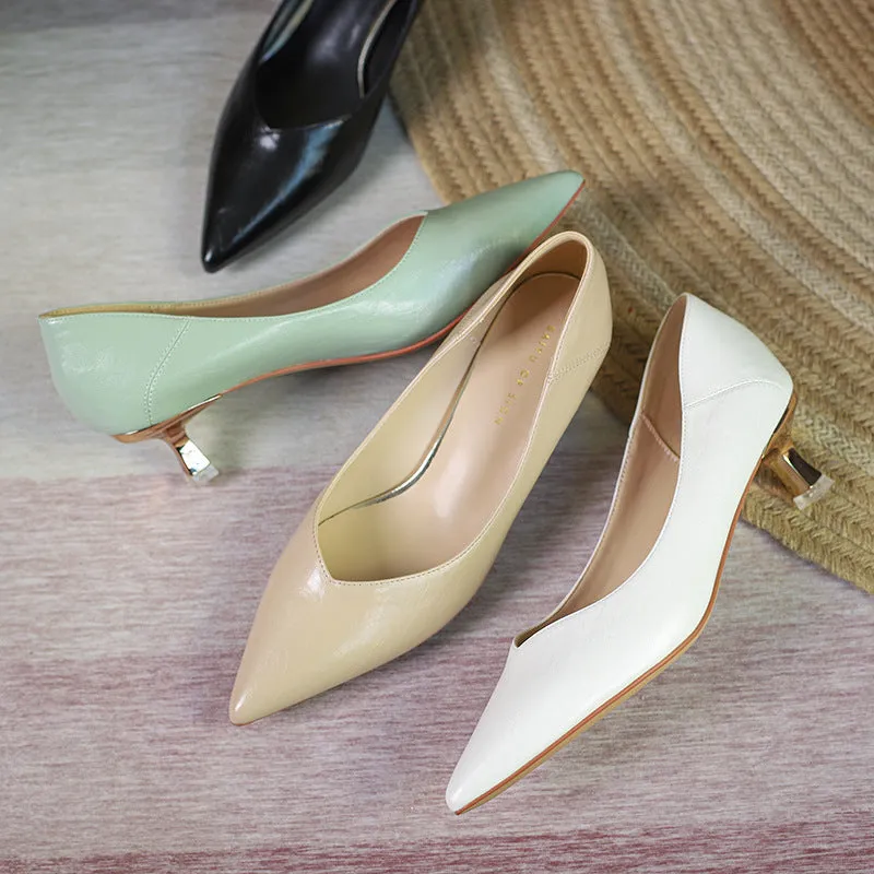 Nude Block Heels Closed Toe Spring Shoes High Heels Stiletto Work Shoes