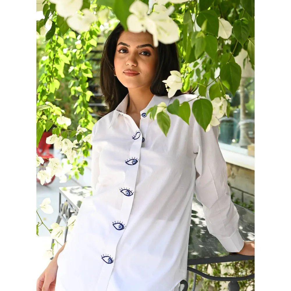 ORDINAREE White Embroidered Evil Eye Cotton Co-Ord (Set of 2)