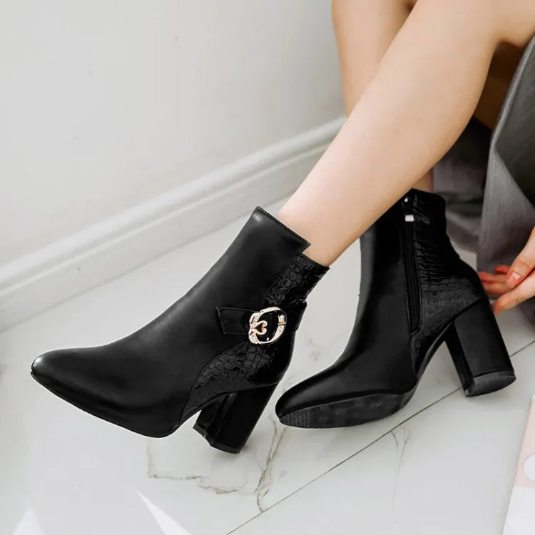 Pointed Toe Patchwork Hasp Middle Chunky Heels Short Boots