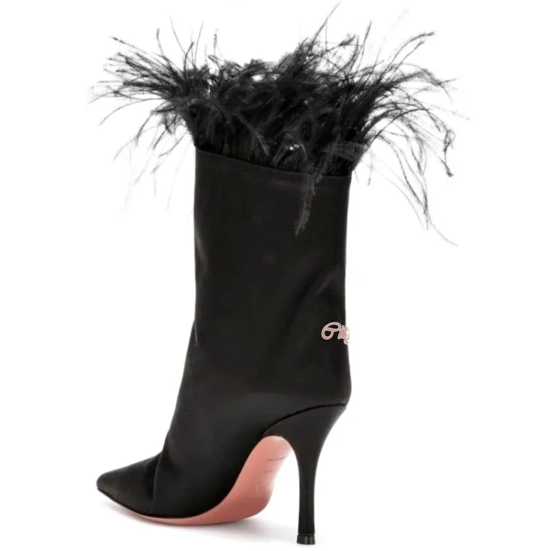 Pointed Toe Plain Satin Slip-On Western Boots Fuchsia，Black Stilettos Ostrich Feather High Heel Ankle Booties Designer Shoes