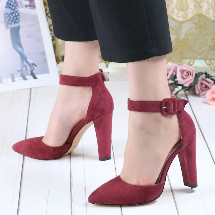 Pointed Toe Suede Buckle High Heels