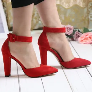 Pointed Toe Suede Buckle High Heels