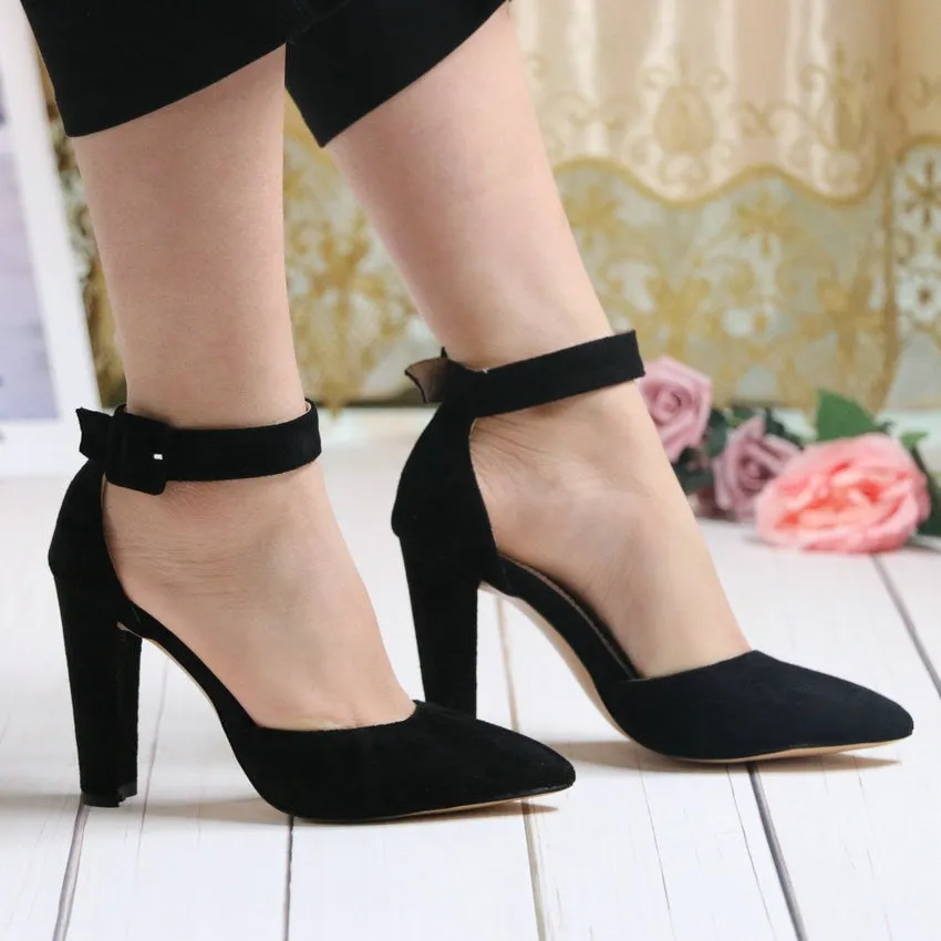 Pointed Toe Suede Buckle High Heels