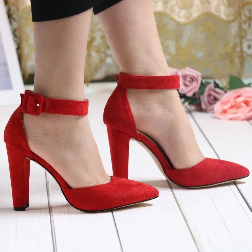 Pointed Toe Suede Buckle High Heels