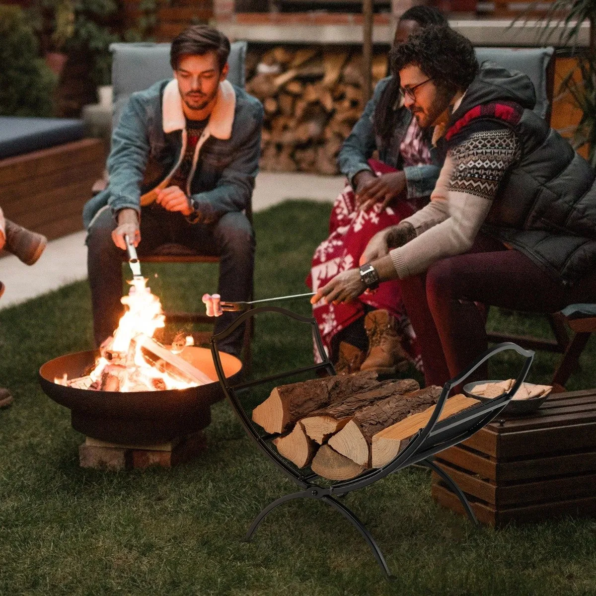 Portable Fireplace Log Rack with Convenient Handle-Black