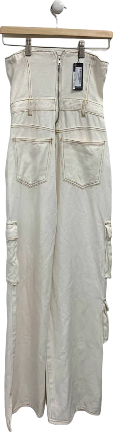Pretty Little Thing Ecru Contrast Stitch Cargo Pocket Bandeau Denim Jumpsuit UK 10