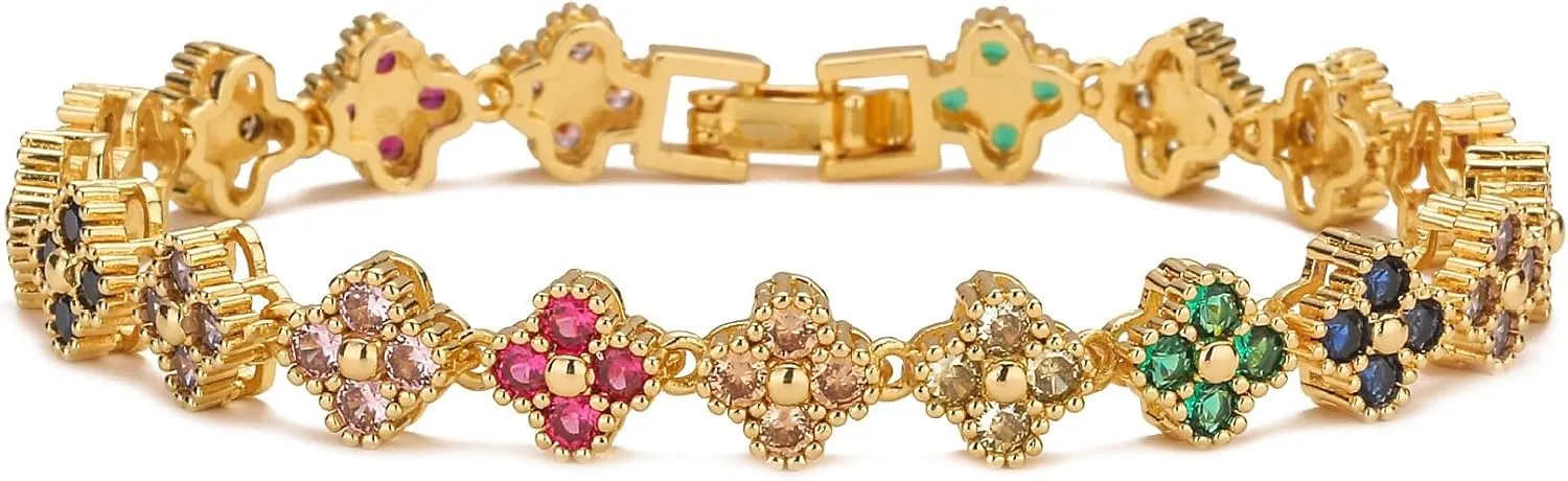 Rainbow & Clover Zircon Unisex Bracelet, Crystal Flower Design, Fashion-Forward Accessory