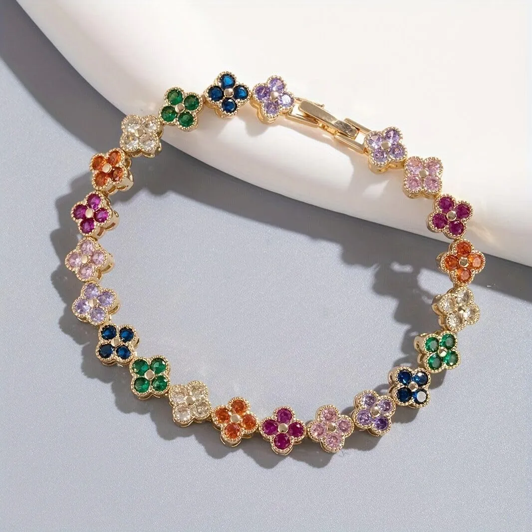 Rainbow & Clover Zircon Unisex Bracelet, Crystal Flower Design, Fashion-Forward Accessory