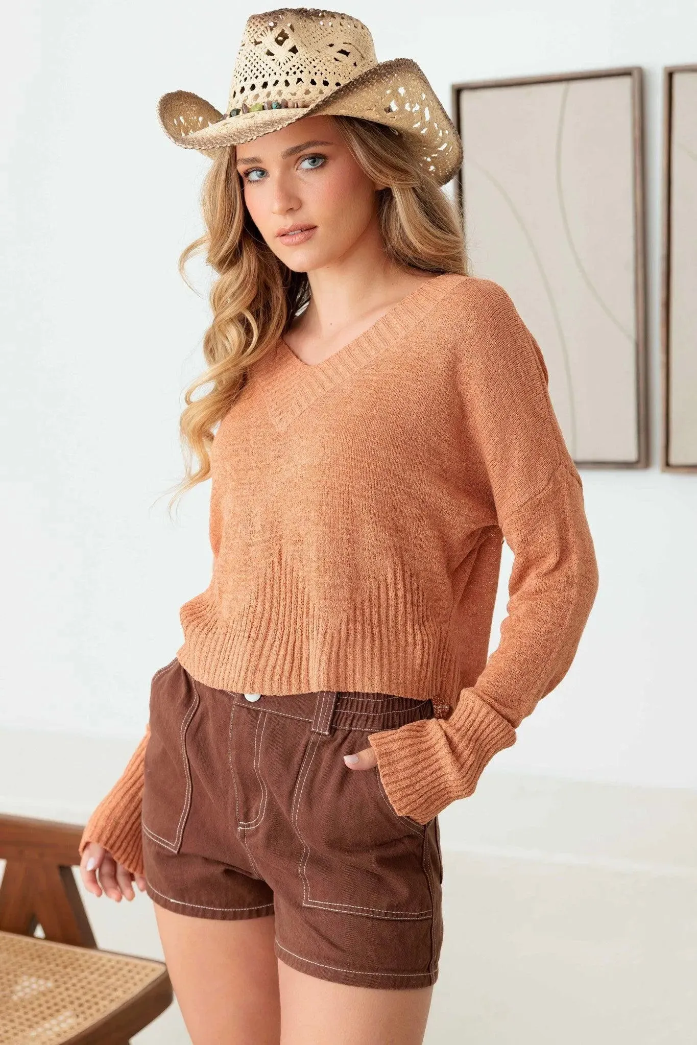 Relaxed V-Neck Side Cut Out Long Sleeve Sweater