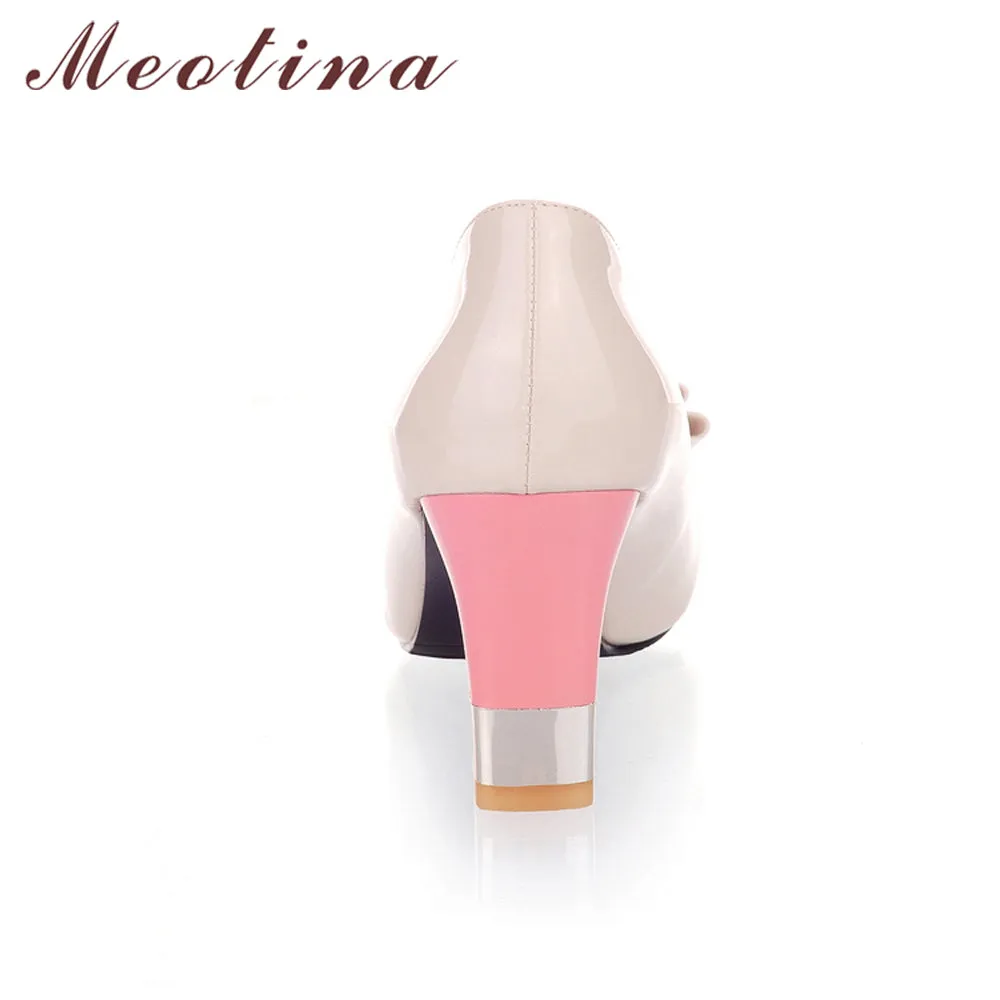 Round Toe Chunky High Heels Bow Candy Color Shoes Plus Size