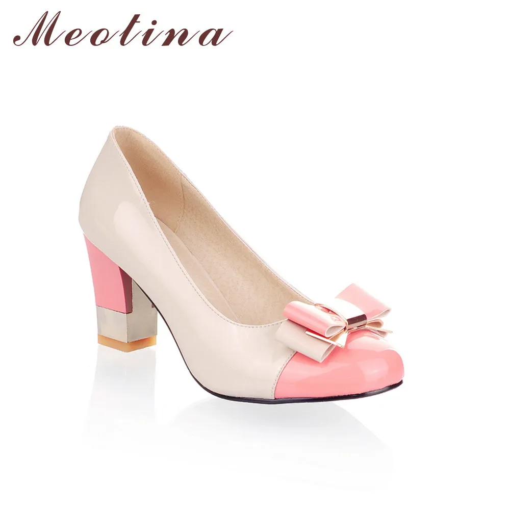 Round Toe Chunky High Heels Bow Candy Color Shoes Plus Size