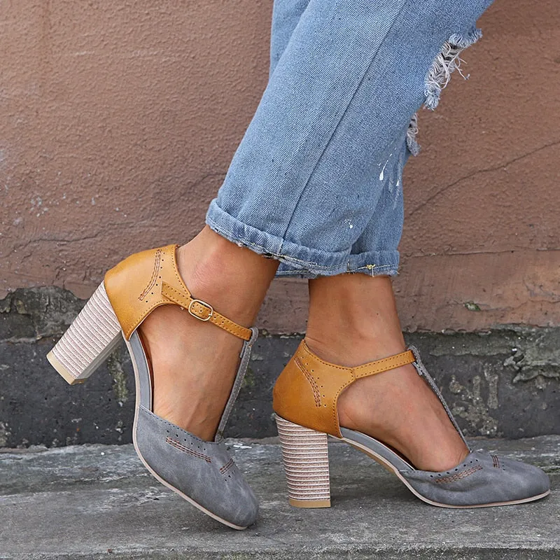 Round Toe T-tied Square Heel High Heels