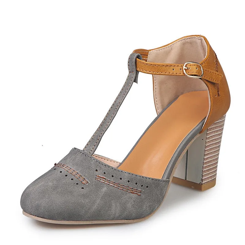 Round Toe T-tied Square Heel High Heels