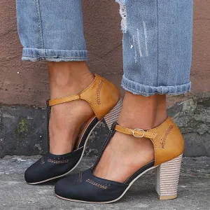 Round Toe T-tied Square Heel High Heels