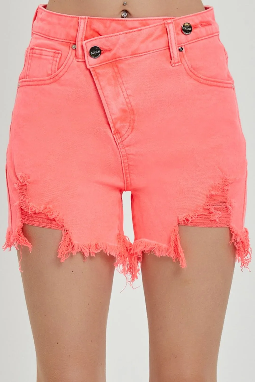 (S-XL) Rachel RISEN Raw Hem Asymmetrical Waist Denim Shorts