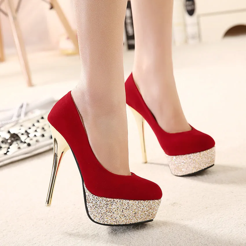 Sequins Round Toe Platform Super High Stiletto Heels Prom Shoes