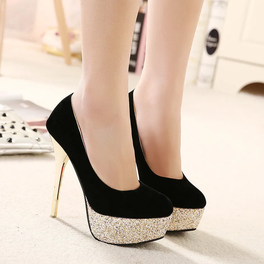 Sequins Round Toe Platform Super High Stiletto Heels Prom Shoes