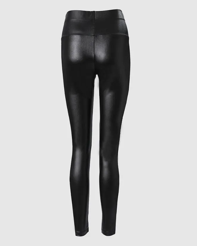 Shiny Mesh Tummy-Control Leather Pants