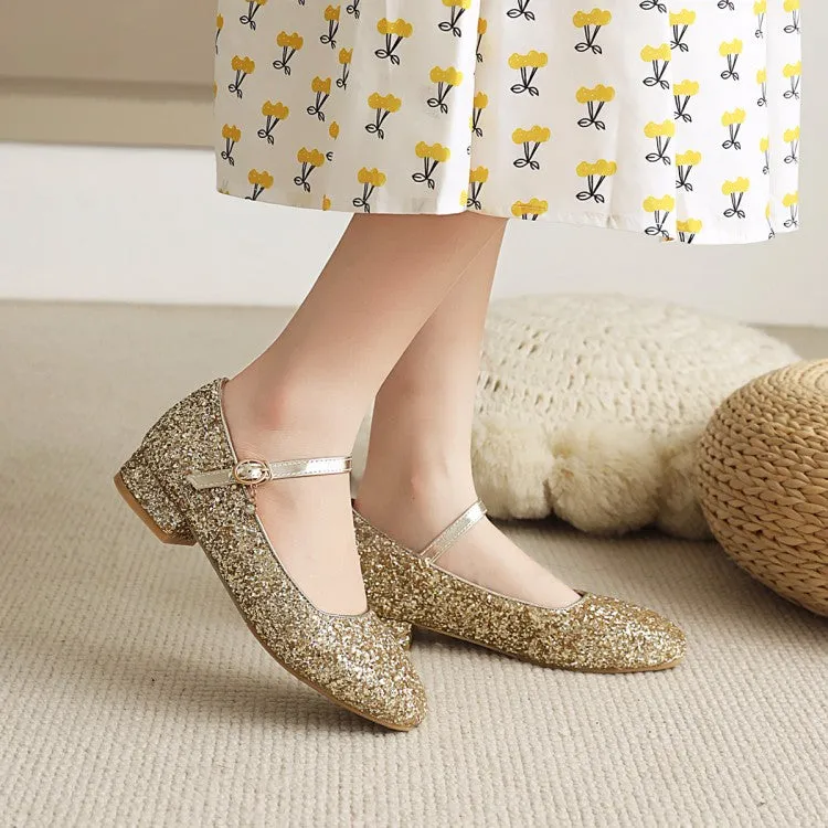 Square Toe Sparkling Sequins Mary Janes Buckle Belt Women's Pumps