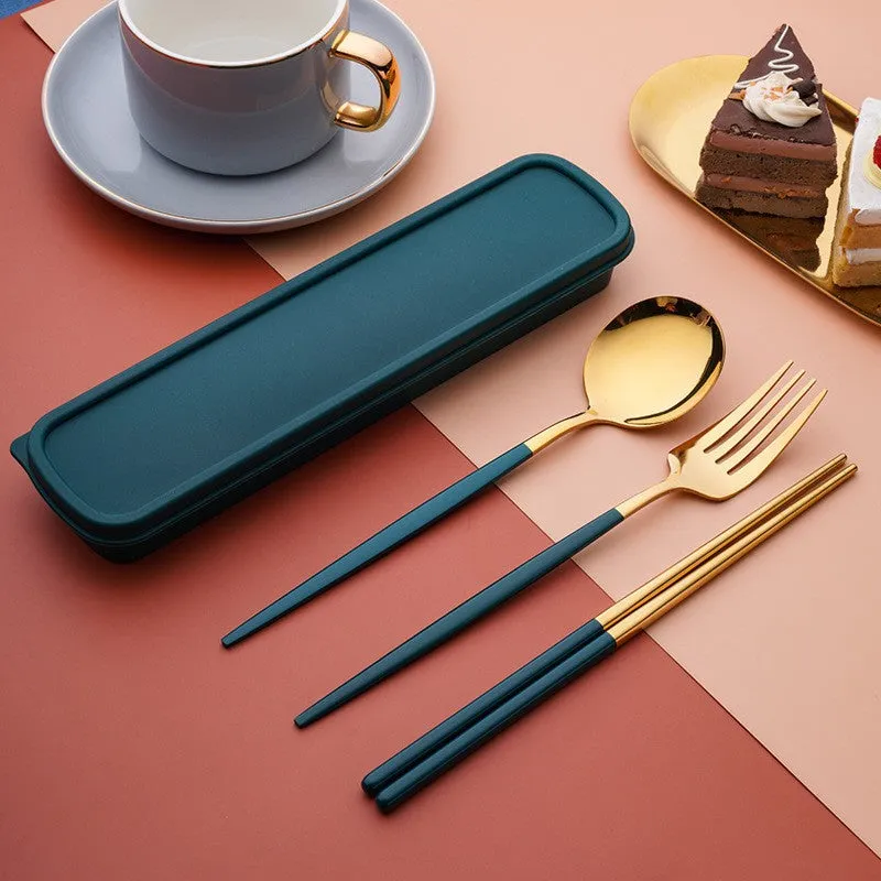 Stainless Steel Convenient Tableware Chopsticks Spoon Kit Portuguese Tableware Three-Piece Set Gift for Students