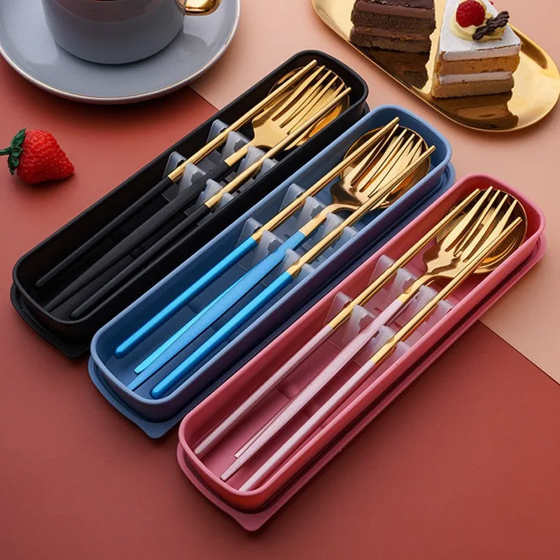Stainless Steel Convenient Tableware Chopsticks Spoon Kit Portuguese Tableware Three-Piece Set Gift for Students