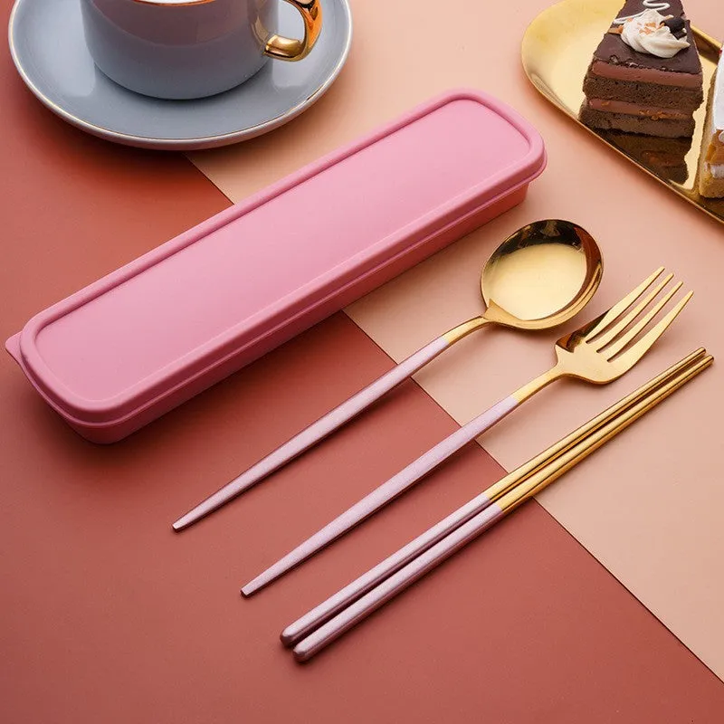 Stainless Steel Convenient Tableware Chopsticks Spoon Kit Portuguese Tableware Three-Piece Set Gift for Students