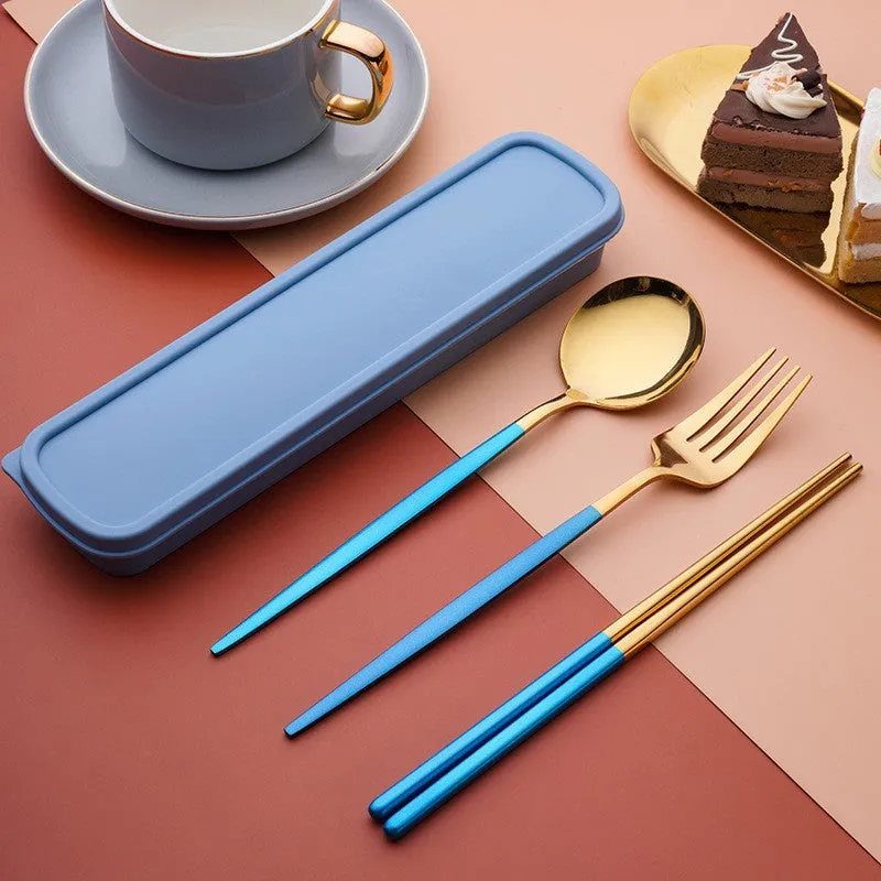 Stainless Steel Convenient Tableware Chopsticks Spoon Kit Portuguese Tableware Three-Piece Set Gift for Students