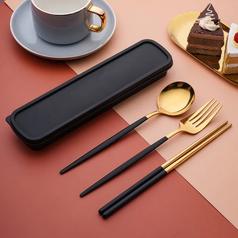 Stainless Steel Convenient Tableware Chopsticks Spoon Kit Portuguese Tableware Three-Piece Set Gift for Students