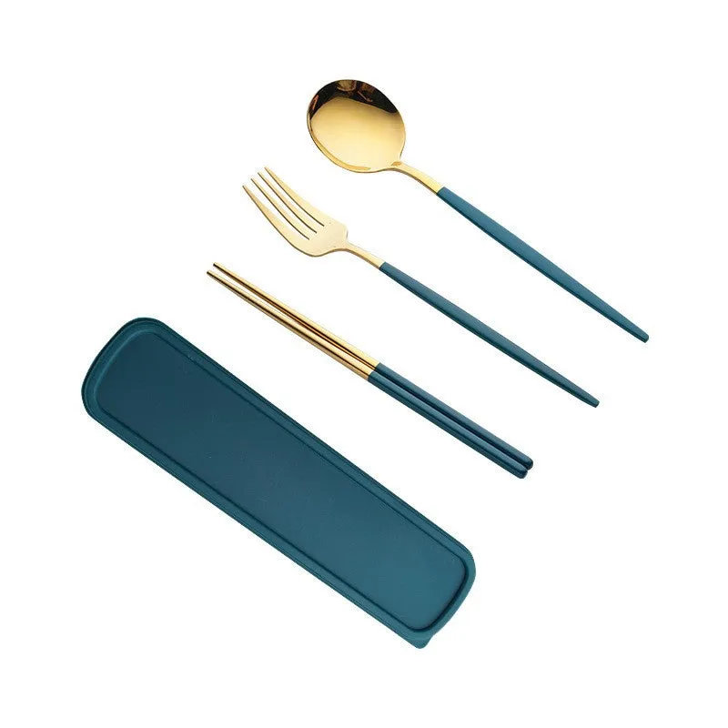 Stainless Steel Convenient Tableware Chopsticks Spoon Kit Portuguese Tableware Three-Piece Set Gift for Students