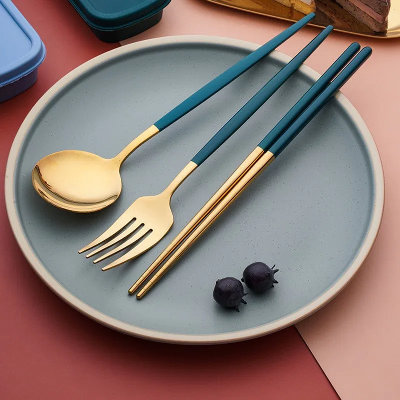 Stainless Steel Convenient Tableware Chopsticks Spoon Kit Portuguese Tableware Three-Piece Set Gift for Students