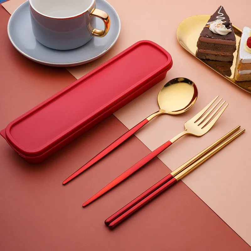 Stainless Steel Convenient Tableware Chopsticks Spoon Kit Portuguese Tableware Three-Piece Set Gift for Students