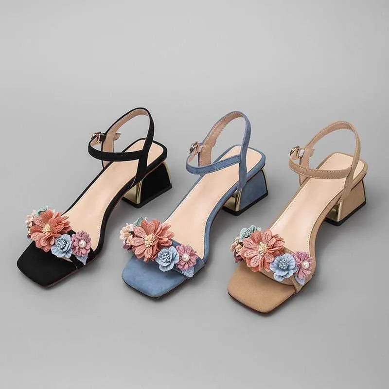 Summer Genuine Leather Floral Ankle Strap Heels