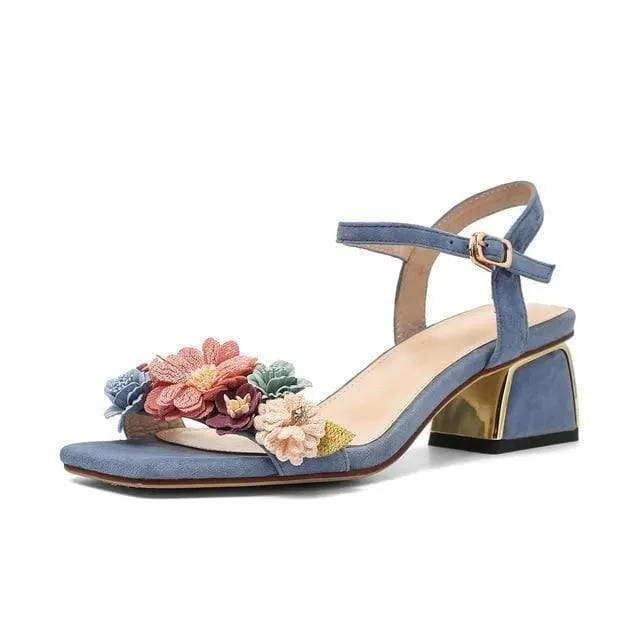 Summer Genuine Leather Floral Ankle Strap Heels