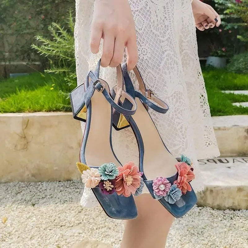 Summer Genuine Leather Floral Ankle Strap Heels