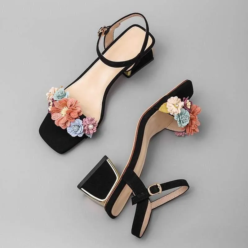 Summer Genuine Leather Floral Ankle Strap Heels