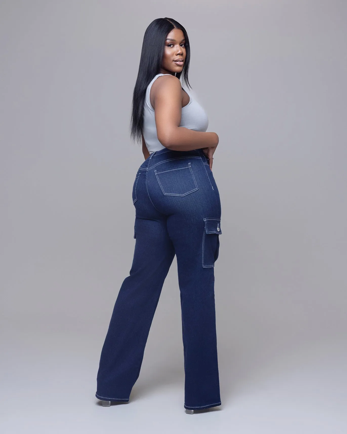 Tall Women Dark Denim Cargo Jeans