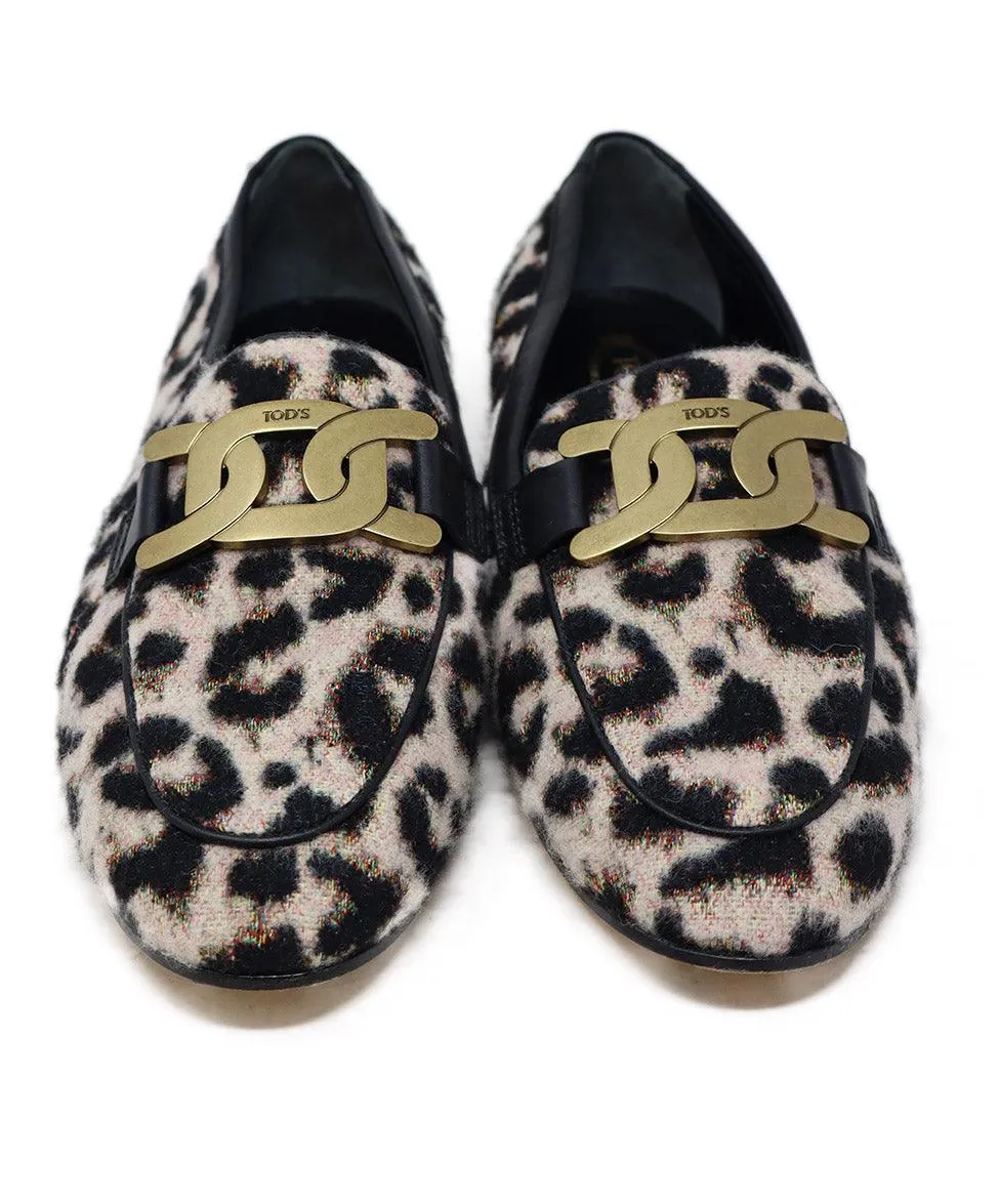 Tod's Black & Pink Animal Print Flannel Flats sz 7.5
