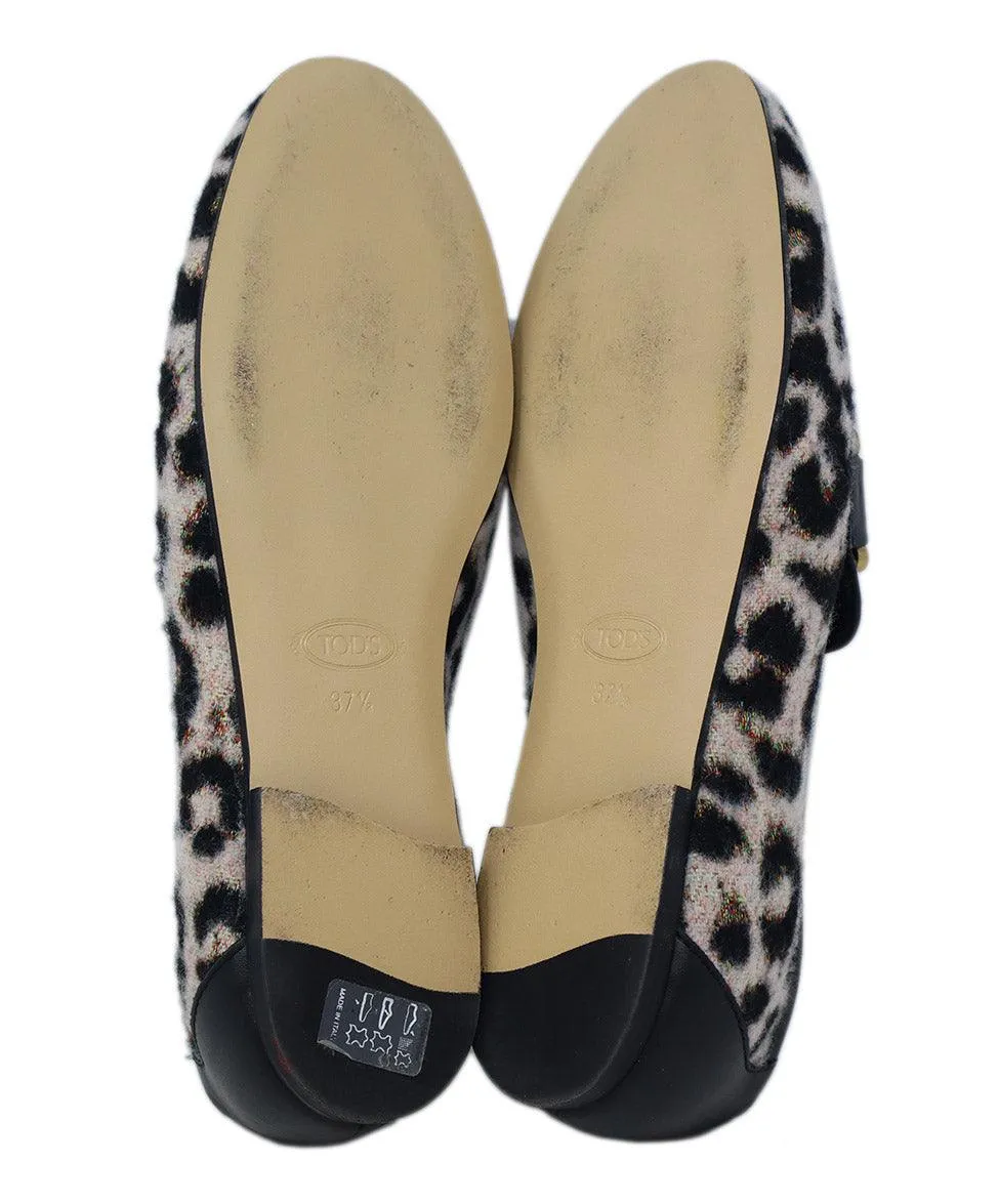 Tod's Black & Pink Animal Print Flannel Flats sz 7.5