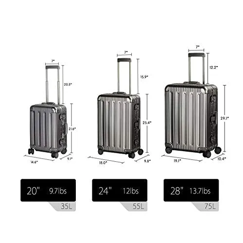 Travelking Aluminum Luggage Carry On Spinner Hard Shell Suitcase Lightweight Metal Suitcases (Grey,