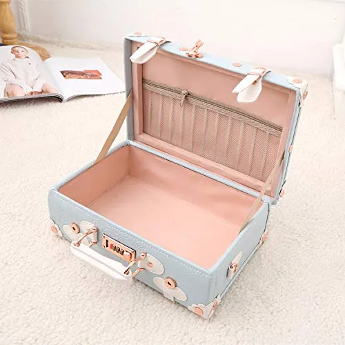 Unitravel 12inch Vintage Carry on Suitcase PU Leather Train Case with Combination Lock for Women (Embossed Blue)
