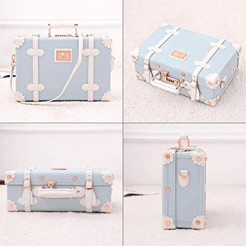 Unitravel 12inch Vintage Carry on Suitcase PU Leather Train Case with Combination Lock for Women (Embossed Blue)