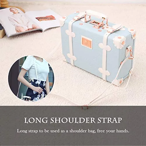 Unitravel 12inch Vintage Carry on Suitcase PU Leather Train Case with Combination Lock for Women (Embossed Blue)