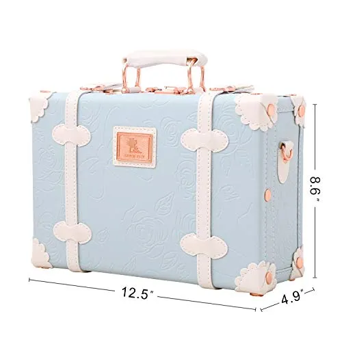 Unitravel 12inch Vintage Carry on Suitcase PU Leather Train Case with Combination Lock for Women (Embossed Blue)