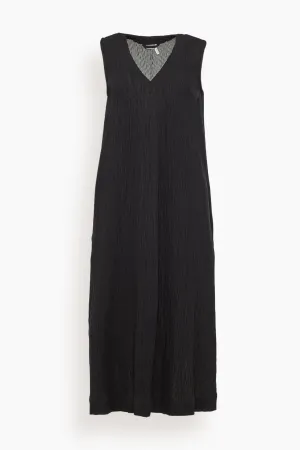 V-Neck Crinkle Cotton Easy Dress in Black