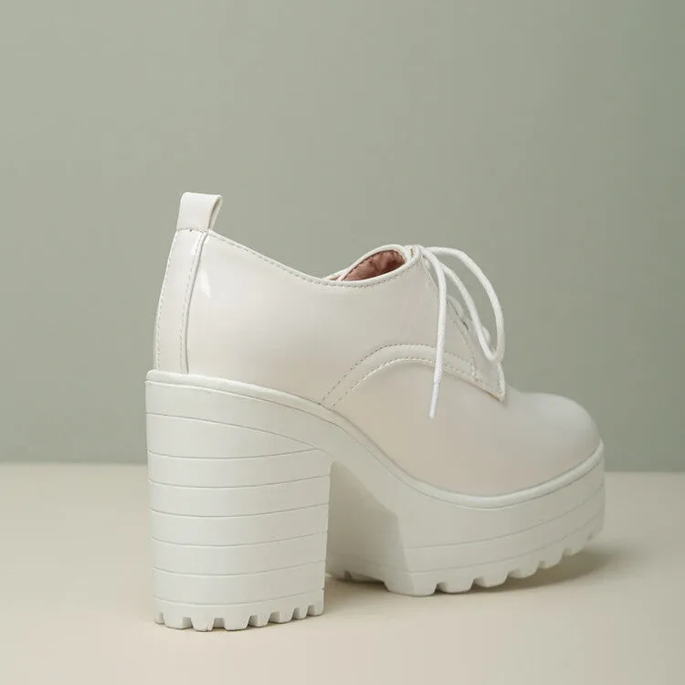 Women's Glossy Round Toe Lace Up Block Platform Chunky Heel