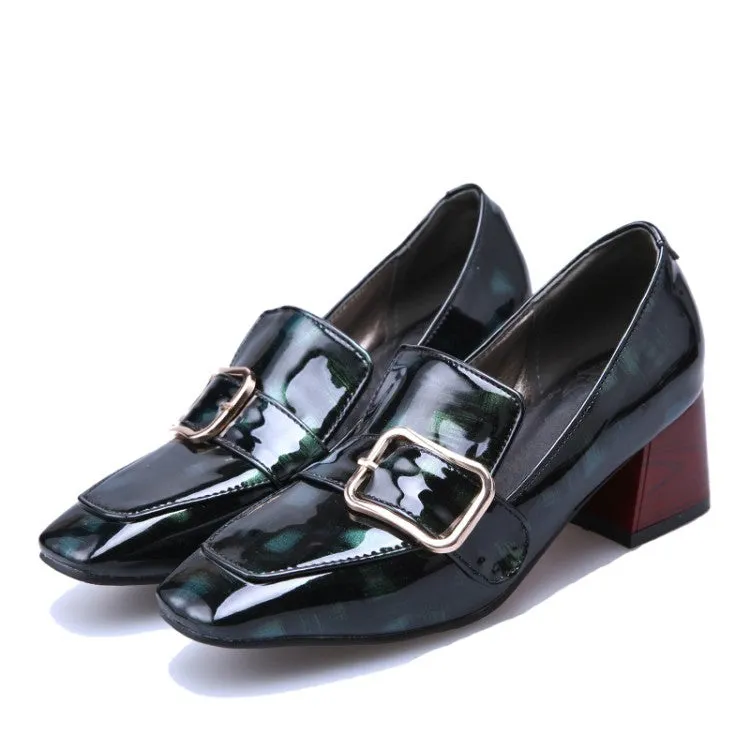 Women's Patent Leather Buckle Chunky Heel Pumps