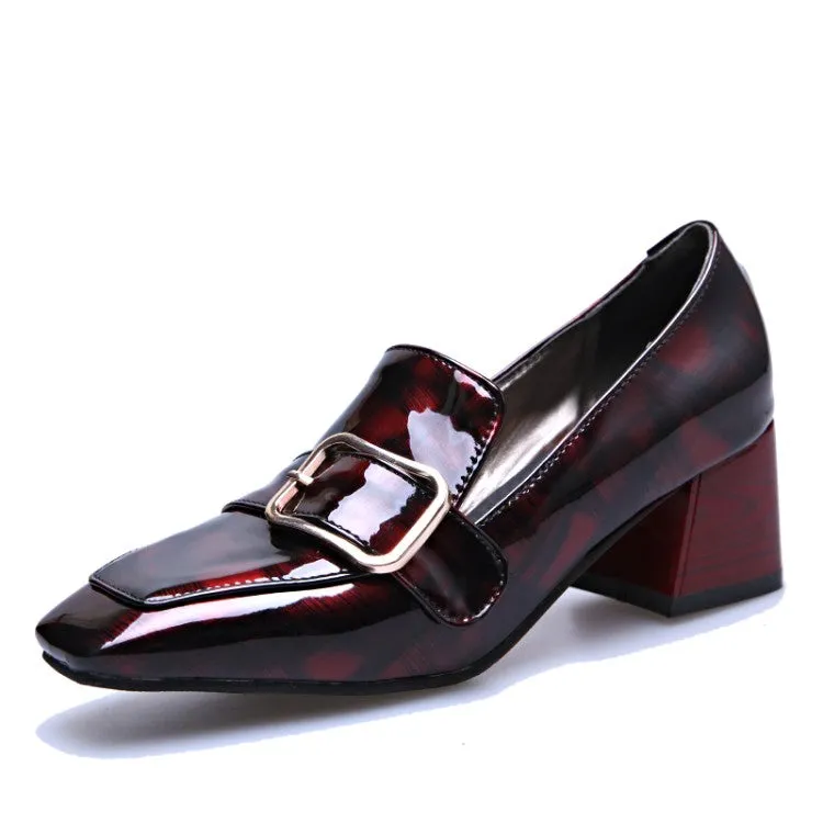 Women's Patent Leather Buckle Chunky Heel Pumps