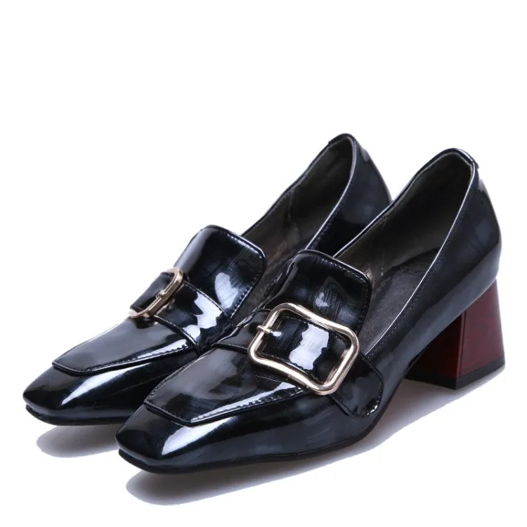 Women's Patent Leather Buckle Chunky Heel Pumps