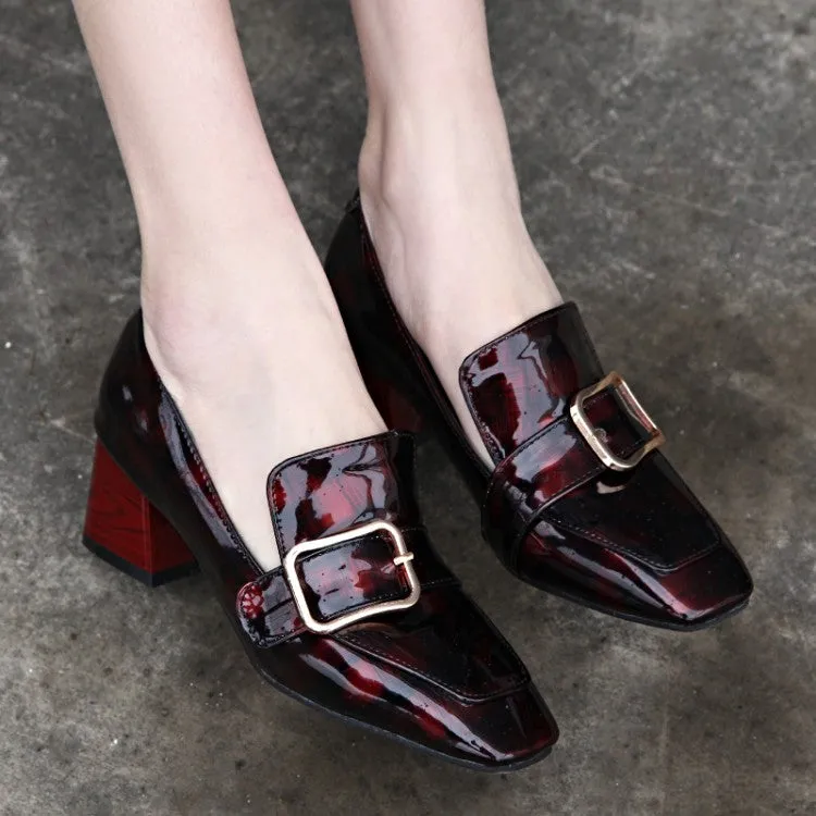 Women's Patent Leather Buckle Chunky Heel Pumps