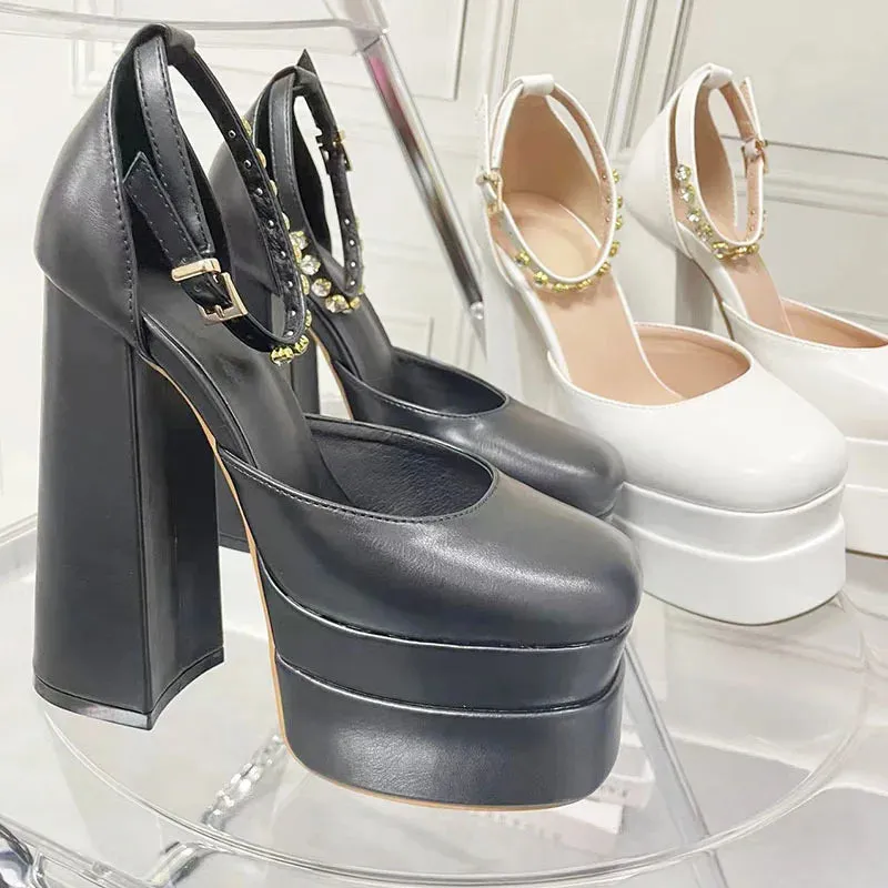Women's Retro Mary Janes Chunky Ankle Strap Platform Heels